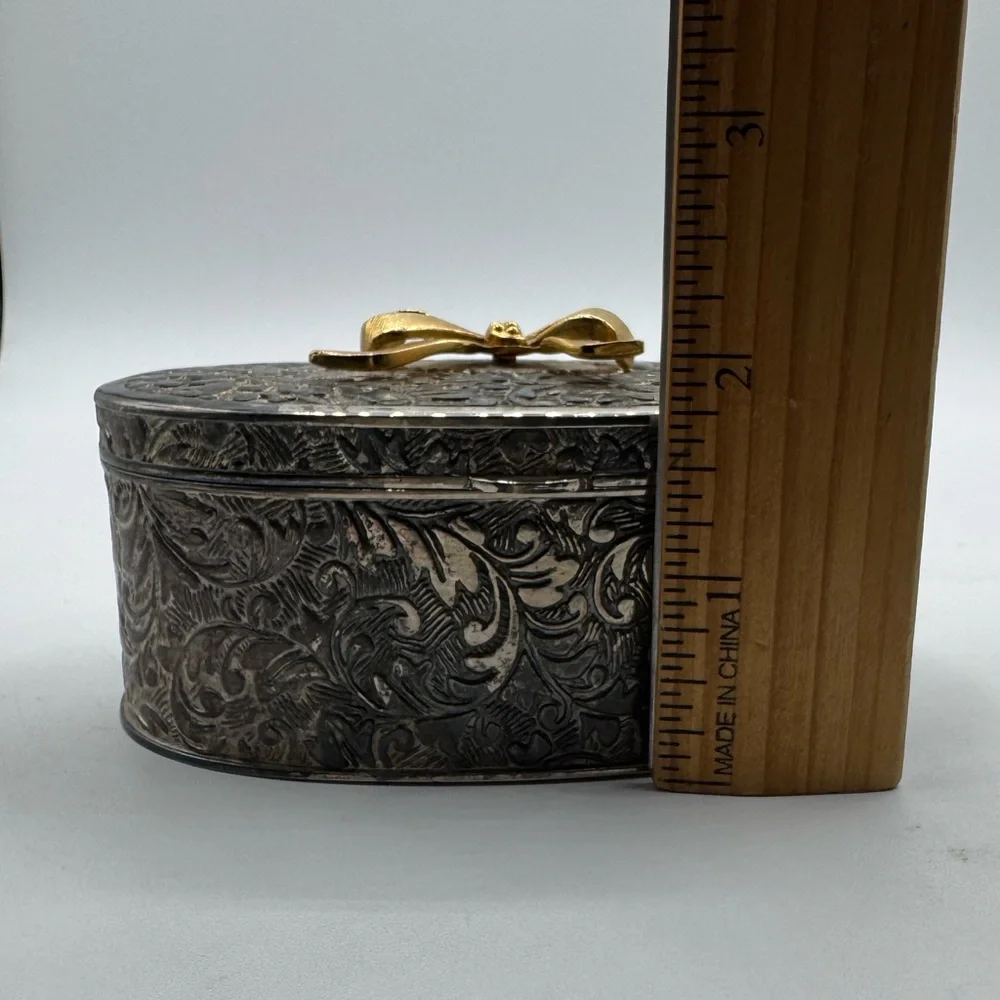 Victorian Style Silver Plated Trinket Box 1 3/4x4 inches With Red Insert Velvet